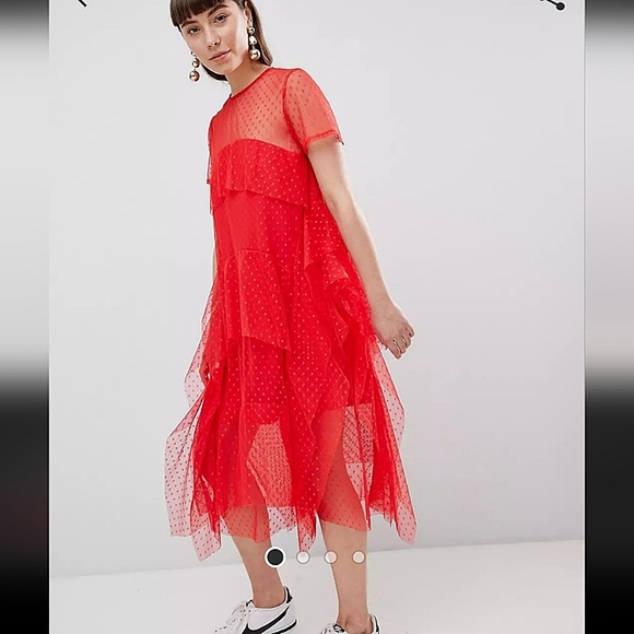 ASOS Dobby Mesh Midi Tshirt Dress withLayered Ruffles red color - Picture 2 of 8
